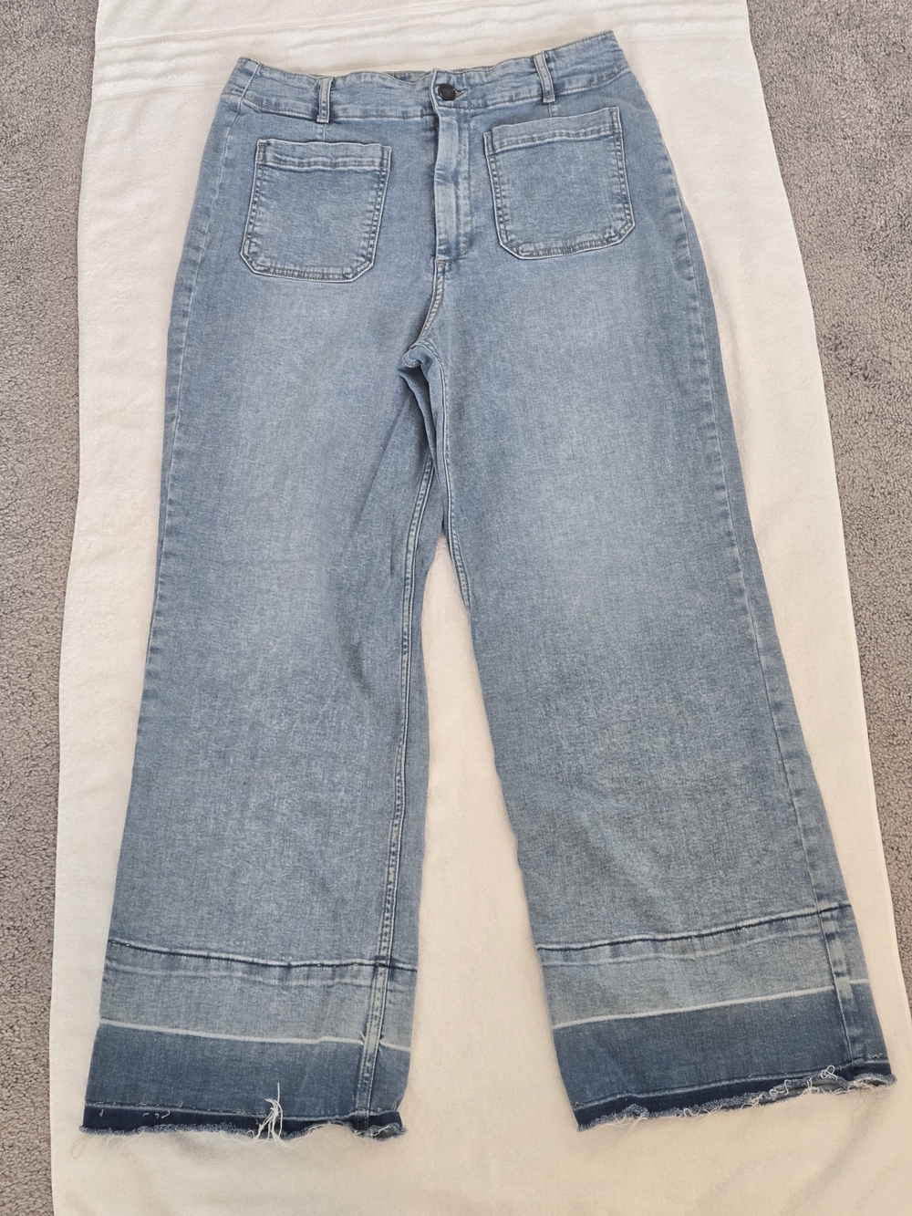 Wide Leg Light Blue Jeans with Dark Hem Panel - Women